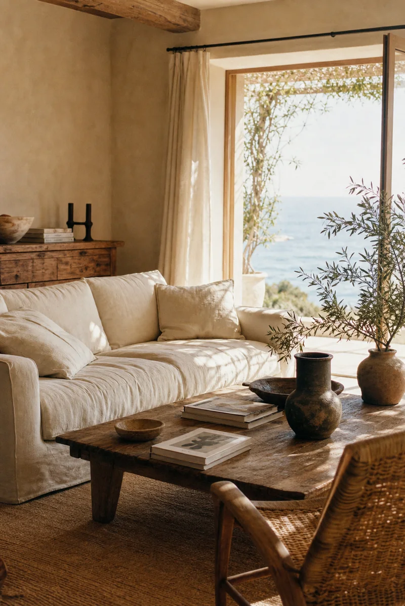 Gemütliches mediterranes Wohnzimmer mit Leinen, Holz und Meerblick