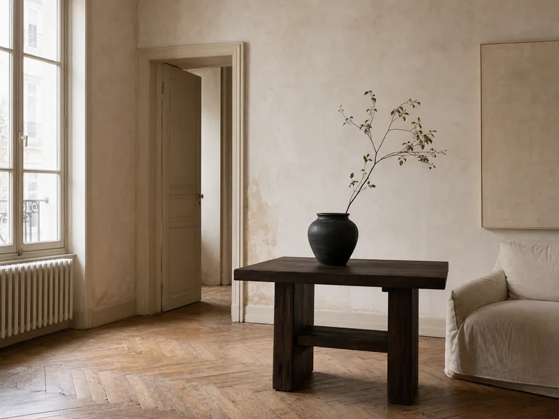 Ruhiges Stadthausinterieur mit Leinen, dunklem Holz und Fensterlicht