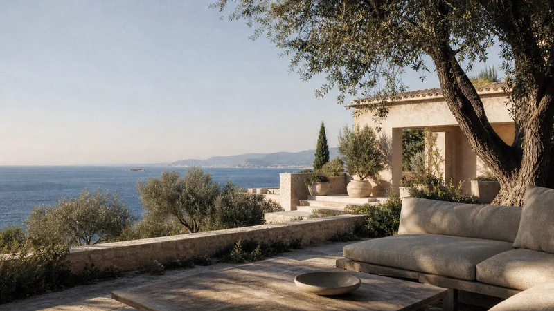 Mediterrane Villa mit Olivenbäumen, Steinterrasse und Blick auf das Meer